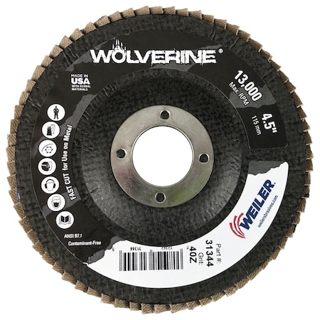 Weiler 4-1/2" Abrasive Flap Disc, Conical (TY29), Phenolic Backing, 40Z, 7/8" 31344